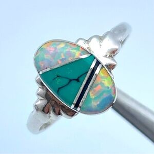 Stunning Sterling Silver Southwestern Inlay Ring Turquoise & Opal Mosaic Size 7